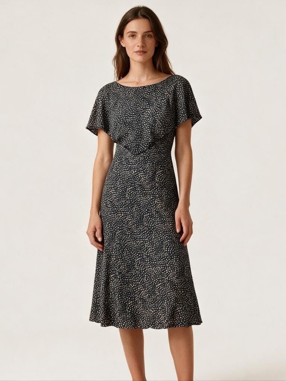 Navy Polka Dot Flutter Sleeve Maxi Dress
